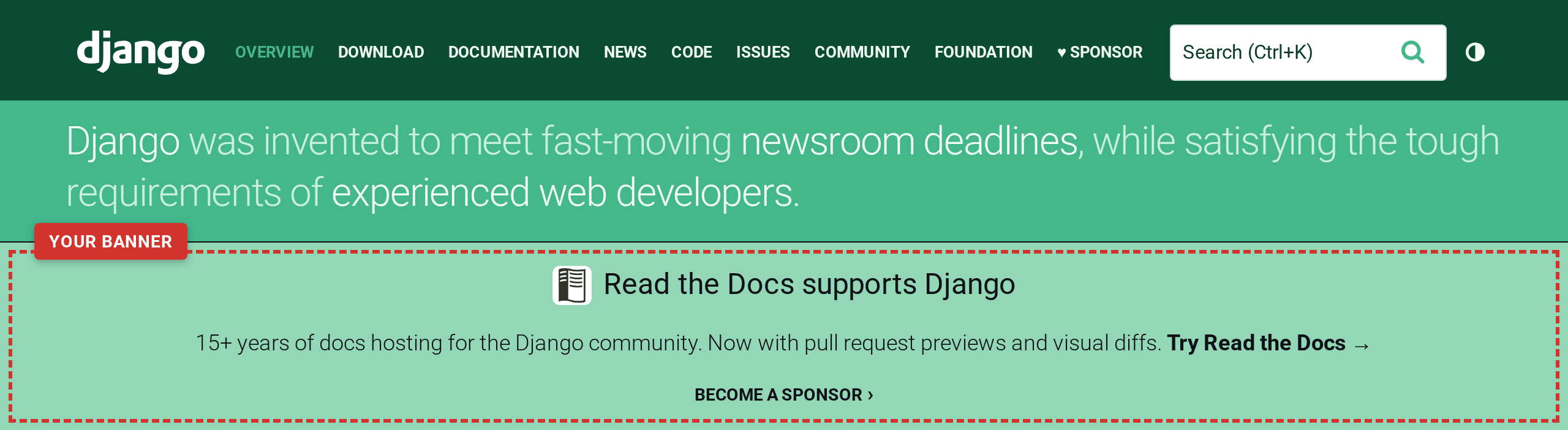The Django overview page with the sponsorship banner marked by a dashed outline and a Your banner label.